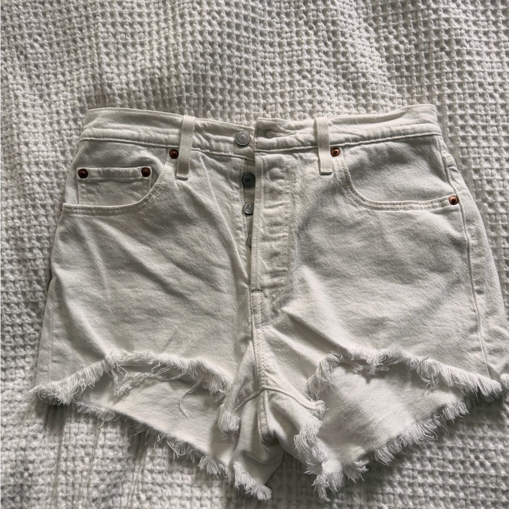 Women's White Frayed Hem Denim Shorts